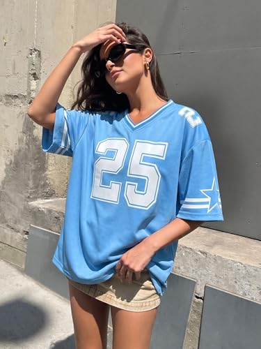Image of Jersey Shirts for Women Y2k Graphic Tees V Neck Baggy Streetwear Number Oversized T Shirt Summer Tops