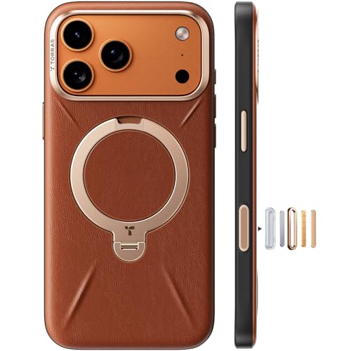 Image of TORRAS Q3 VegSkin for iPhone 17 Pro Max Case Leather, 360 Spin Magnetic Stand, Fit for MagSafe, Camera Control, Shockproof Premium Organic Silicone Leather Case for iPhone 17 Pro Max, Saddle Brown