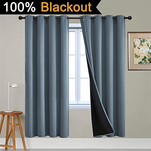 Image of Yakamok Total Blackout Curtains, 2 Thick Layers Completely Blackout Soild Thermal Insulated Drapes with Black Liner for Bedroom(52Wx72L, Stone Blue, 2 Panels)