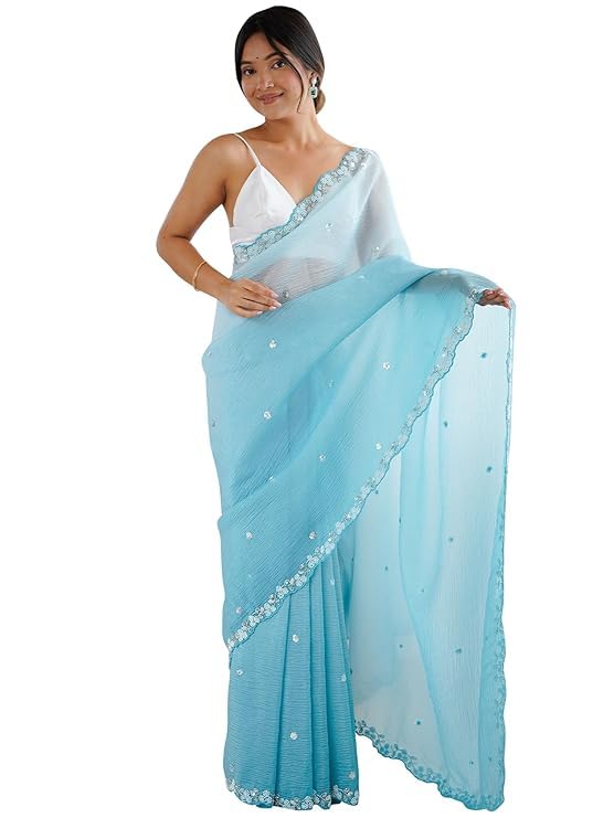 Image of Women's Chiffon Embellished Saree With Unstitched Blouse Piece (Light blue)