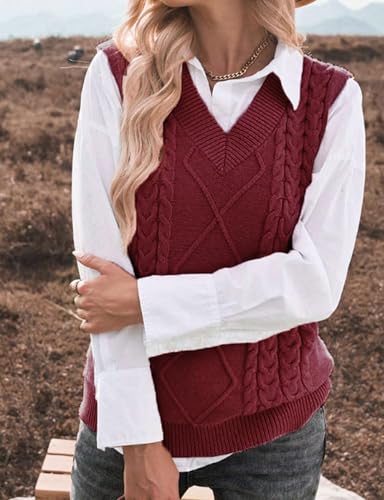 Image of Women's Sweater Vest,Long Cable Loose Knitted Sleeveless V Neck Casual Sweaters Tank Top S~XL