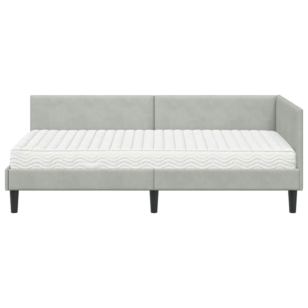 Jasnoszara aksamitna rama łóżka narożnego z materacem, 204 x 104 x 72 cm, oddychająca, trwała, montowany na ścianie, nowoczesny design do sypialni, w zestawie materac o średniej twardości