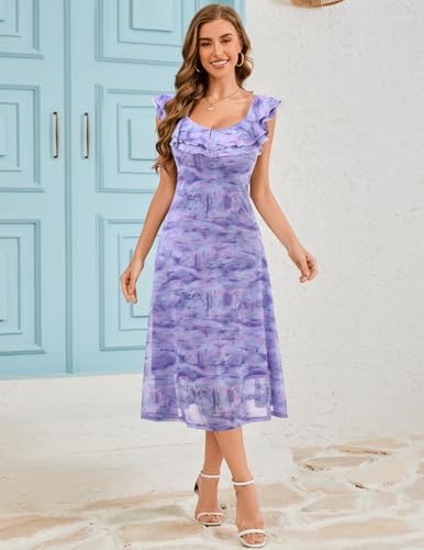 Image of Meetjen Women's Summer Floral Midi Dress 2025 Ruffle Boho Sundresses Flowy Mesh Beach Wedding Guest Dresses