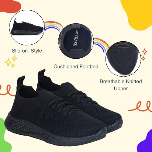 Image of TRASE Black School Shoes for Boys & Girls | Slip-On Lace-Up Design with Flexible Sole | Lightweight & Breathable Knitted Upper | All Day Comfort