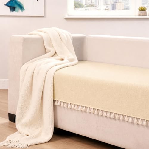 Image of HOMEMONDE 2 Seater Sofa Cover with Tassels |Soft, Durable & Textured Chenille Fabric with Tassels | Sofa Cover Mats for Living Room, Bedroom, Drawing Room & Office (76 X 122 CM, Beige)