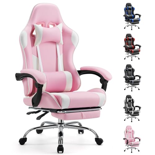 Sweetcrispy Computer Video Game Desk Chair - Ergonomic Comfy Lumbar Support with Footrest, PU Leather Recliner with Headrest, Fixed Up Armrest, Height Adjustable and 360° Swivel, for Adults, Pink