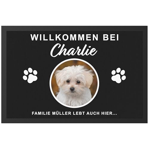 DEL MÀ Unique & Personal Fußmatte Hund personalisiert Einweihungsgeschenk Wohnung Hunde Geschenk zum Einzug ins Haus Fußabtreter Haustür Schmutzfangmatte für Innen 60x40 cm (1 Hund)