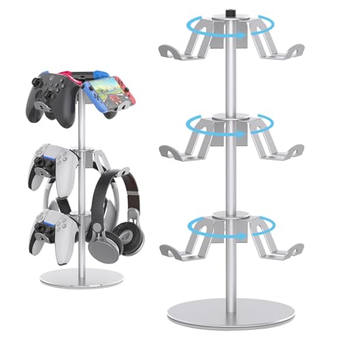 DGPCT Controller Stand Compatible with Xbox PS5 PS4 Nintendo Switch, 3 Tiers Aluminum Gaming Headset Stand, Rotatable Headphone Controller Holder Organizer Rack, Universal &amp; Large Capacity
