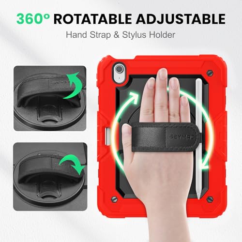 Image of SEYMAC Case for iPad Air 11 Inch M4 / M3 / M2 (2026 /2025 / 2024), Heavy Duty Shockproof Protective Case with Screen Protector, 360 Rotating Stand and Hand /Shoulder Strap, Red