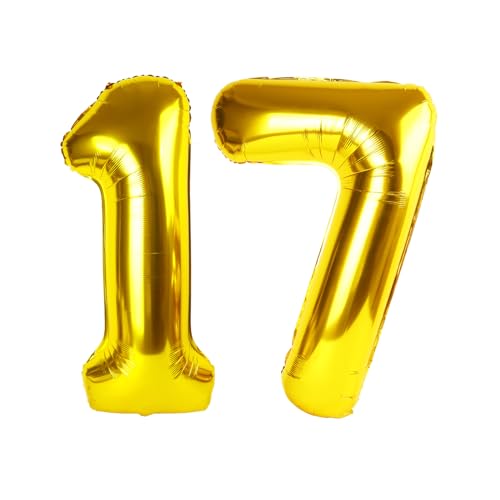 Image of Number Balloons Gold 17 Balloon 40 inch for 17 71 Birthday Party Decoration | Saturated Color, Large 40 inch, With Straw & Hanging Holes, For Back-To-School Season, Anniversary, Christmas, New Year