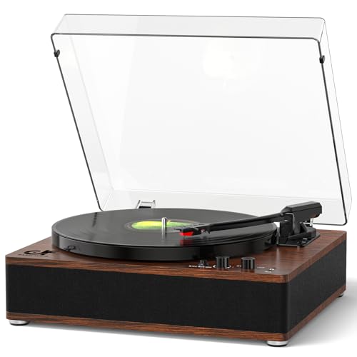 Bluetooth Input/Output Turntable with Full-Size Platter, Vintage Record Player Wireless 3 Speed with Built-in Speakers, Auto-Stop, RCA/AUX/Headphone Out, Walnut