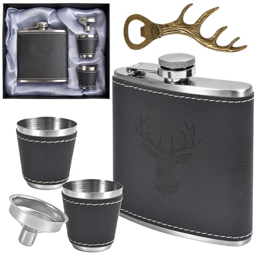 Jäger Geschenk Flachmann mit Hirsch Gravur - 6oz/180ml Edelstahl Flask Set in Geschenkbox mit 2x10ml Becher Flaschenöffner Trichter Schnapskrake mit schwarzem Leder Jagdzubehör für Männer Jagd