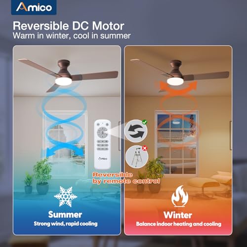 Image of Amico Ceiling Fans with Lights, 52 inch Low Profile Ceiling Fan with Light and Remote Control, Flush Mount, Reversible, 3CCT, Dimmable, Noiseless, Brown Ceiling Fan for Bedroom, Indoor /Outdoor Use