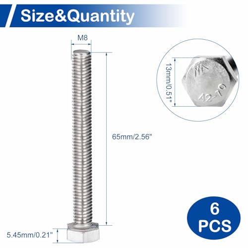 Image of MroMax 6Pcs M8 x 65mm Hex Head Screws Bolts, 304 Stainless Steel 18-8, Fully Threaded, External Hex Drive, for Mounting Chair, Handles, Rail, Pump, Wheels, Antenna Parts, Boat and Plastic Bumpers | 304 Stainless Steel 18-8, Fully Threaded, External Hex Drive, for Medium Motor Fixing and Guardrail Installation