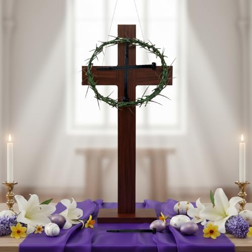 MLOLM Easter Standing Cross Decor with Purple Scarf & Thorn Crown and 3Pcs Crucifixion Nails-Wooden Tabletop Cross with Base for Church, Baptism, Home Altar - Religious Easter Gift