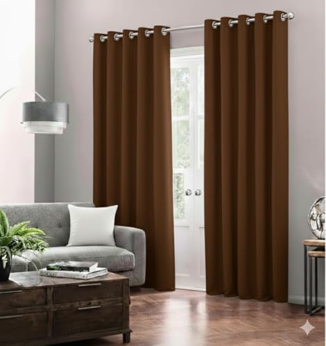 Image of Amazon Brand - Solimo Velvet Curtain Set of 2 (52x48 Inch) Plain Door & Window Curtains for Living Room & Bedroom |75% Light Blocking, Eyelet Curtains for Home Decor in Brown Color (4 feet x 4 feet)