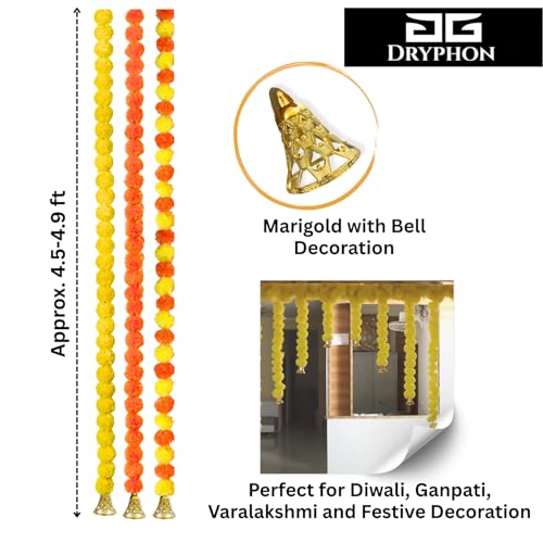 Image of Marigold Garlands Decoration with Bell, Artificial Flowers for Decorations Hanging Garlands for Home Decorations, Ganpati Decoration /Diwali Decoration for Home Decor- (Yellow, Pack of 20)