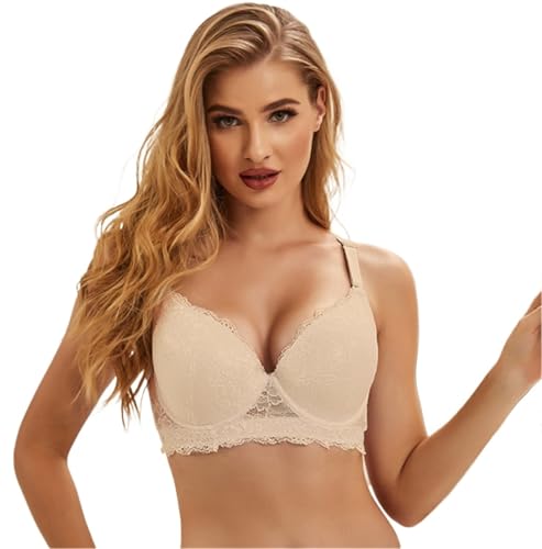 Sujetador Deportivo Mujer Sujetadores Diarios For Mujer Ropa Interior De Gran Tamaño Sujetadores De Encaje De Color Sólido Copas Finas Moldeadas Reunidas Sujetador Deportivo Para Correr(Beige,38D(85D)