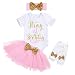 Newborn Baby Girl My First Birthday Clothes Short Sleeve Romper Pink Tutu Skirt Sequin Bow Headband with Leg Warmer 4Pcs Dresses Outfit Sets 12 Months