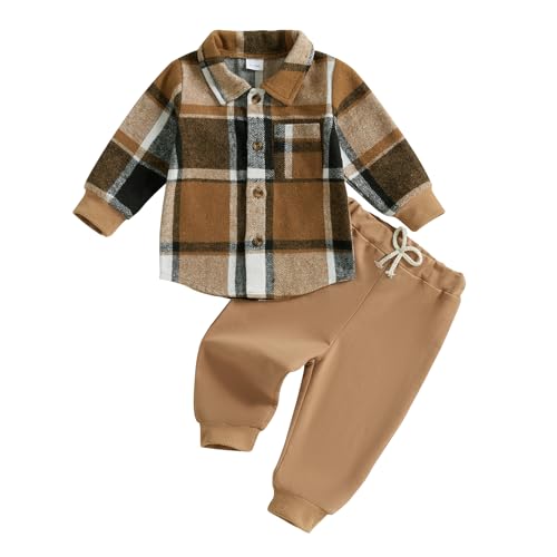 Vioyavo Kid Toddler Boys Fall Winter Outfit Plaid Print Long Sleeve Lapel Button Shirt Elastic Waist Long Pants 2 Pieces Clothes Set (Brown, 3-4T)