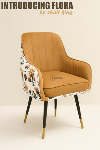 Image of Designer Accent Chair with Floral Printed Back & Footstool | Velvet Lounge Chair for Living Room, Makeup Vanity & Bedroom. (Light Brown Floral Set)