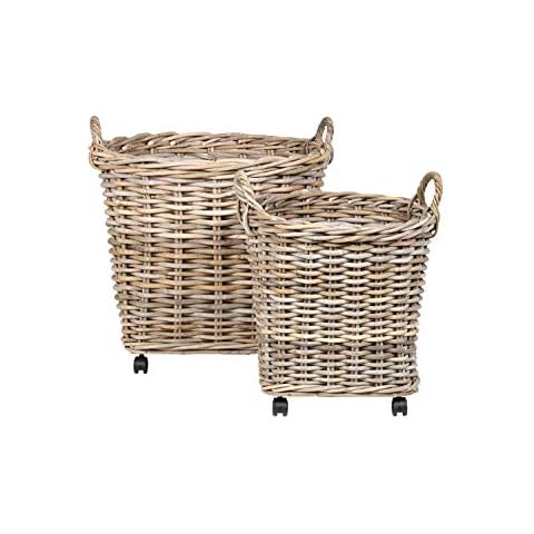 East at Main Maya Round Rattan Storage Wheels Baskets, Natural Cover