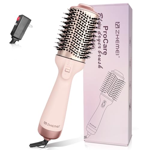 ZM ZHEMEI 1300W Hair Dryer Brush,4 in 1 Blow Dryer Brush Anti-frizz Ceramic Titanium Barrel with ALCI Safety Plug Professional Salon Hot Air Brush for All Hair Types (Rosegold)