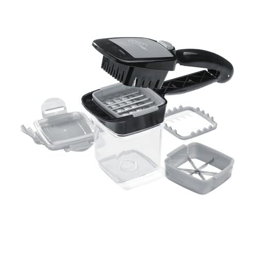 Genius Nicer Dicer Quick - Cortador de verduras (7 piezas, cortador de cebollas, verduras y frutas, 4 cuchillos, recipiente colector de 200 ml)