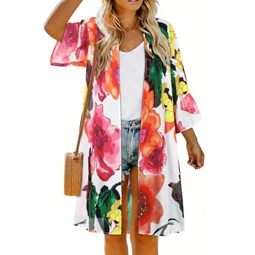 Womens Kimono for Summer Puff Sleeve Cardigan Casual Loose Fit Beach Cover Ups Resorts Swimwear 2026