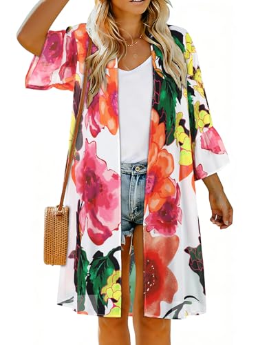 Image of Womens Kimono Summer Puff Sleeve Cardigan Casual Beach Cover Ups Swimwear