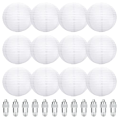 12PCS White Paper Lantern, 20cm Round Paper Lanterns with White Mini Led Lights Hanging Decorations Ball Lanterns Lamps for Garden Deco, Night Parties, Garden, Family Celebrations