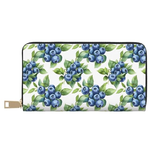 Leather Thin Slim Wallets for Women & Men - Simple Blueberries Print Card Wallet Holder with Zipper