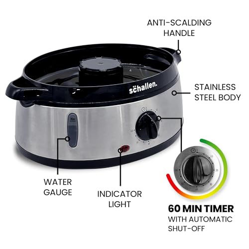 Schallen Premium Healthy Eating Electric Food Steamer Machine Large 9L Capacity 3 Tier Rice Meat Vegetable Food Steaming Cooker | Stainless Steel Silver & Black | 60 Minute Timer - Image 5