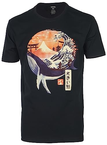 Arte Japonés Kanagawa Ballena & MT. Fuji & Templo Torii y Paisajes Gráfico Premium 100% Algodón Estampado Manga Corta Hombres/Mujeres Camiseta （Negro-Ballena,XL