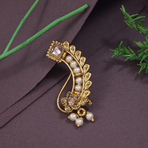 Image of I Jewels Gold Plated Traditional Non Piercing Maharashtrian Pearl Nath For Women