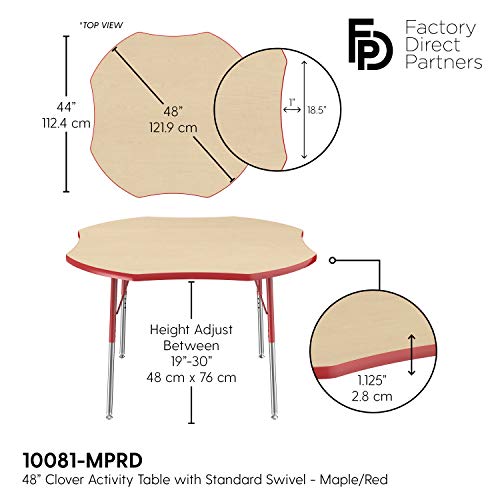 Image of FDP Clover Activity School and Office Table (48 x 48 inch), Standard Legs with Swivel Glides for Collaborative Seating Environments, Adjustable Height 19-30 inches - Maple Top and Red Edge