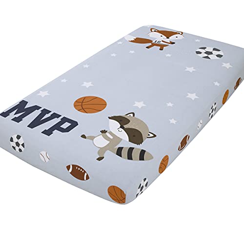 Image of NoJo Team All Star Light Blue, Grey, & Orange, MVP Fox & Raccoon Sports Theme with White Stars Photo Op 100% Cotton Fitted Crib Sheet, Light Blue, Grey, Orange