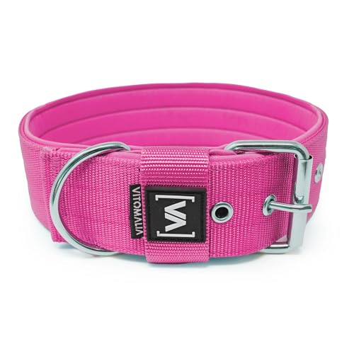 VITOMALIA® 4cm Breites Hundehalsband mit abstehender Neopren-Innenfütterung für Hunde, Silberfarbende Edelstahl-Dornschnalle, Hundehalsband mittelgroße Hunde (4cm/L = 45cm-55cm, Pink)