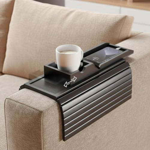 Image of Home Sparkle Premium Couch Armrest Tray Black 2-in-1 | Engineered Wood | Foldable Anti-Slip Serving Tray for Coffee, Snacks & TV Time | Sofa Arm Organizer with Cup Holder & Phone Stand