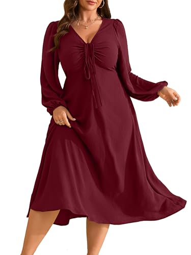 RWJ Plus Size Casual Dresses, Women with Pockets V Neck Long Sleeve Tie Front Wedding Guest Cocktail...