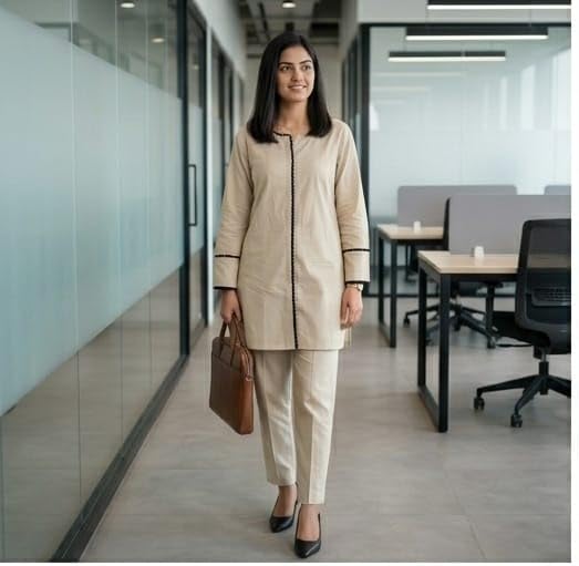 Image of Women's Pure Cotton Kurta Set, Beige, Formal Ethnic Office Wear, Lightweight Breathable Coord Set with Pant