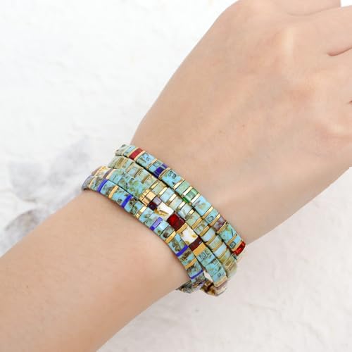 Tila Flat Beaded Bracelets Set for Women, 4Pcs Trendy Handmade Miyuki Glass Stack Beads Stretch Bracelet Festive Holiday Accessories Jewelry Gift.2