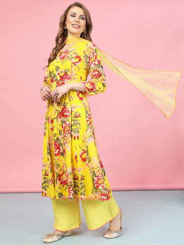 Image of A.T.U.N. (ALL THINGS UBER NICE) Womens Floral Printed Angrakha Pure Cotton Kurta with Palazzos & Dupatta Set | Traditional Ethnic Wear Clothing Set