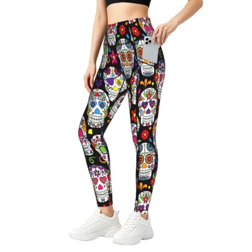 Pantalones de yoga holgados para mujer estilo leggings de descanso con flores y calaveras
