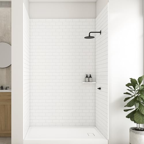 WOODBRIDGE 60' W x 32' D x 96' H Solid Surface 3-Piece Easy Up Adhesive Shower Wall Panel Surround, Cuttable, 3/16” (5mm) Thick, High Gloss White Finish