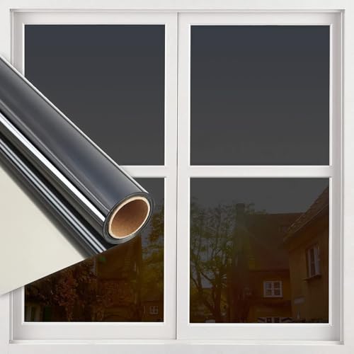 Image of WISDOM Window Privacy Film,One Way Mirror Film Daytime Anti UV Sun Blocking Heat Control Reflective Film Decorative Static Cling Home Office Living Room (20in x 11Feet, Silver Black)