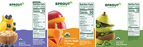 Sprout Organics, Stage 2 Variety Pack, Carrot Apple Mango, Pear Kiwi Peas Spinach & Blueberry Banana Oatmeal, 6+ Month Pouches, 3.5 Oz (12-Count) #TOP2
