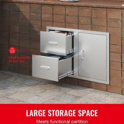 Happybuy Outdoor Kitchen Door Drawer Combo, 32.5" W x 21.6" H x 20.5" D Access Door & Double Drawers with Paper Towel Rack, Stainless Steel Handles, Ideal for BBQ Island and Outdoor Kitchens