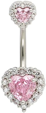 Excepro 1PC 14G(1.6mm) Double Heart Diamond Cubic Zirconia Navel Belly Button Ring 316L Surgical Steel Piercing Jewelry