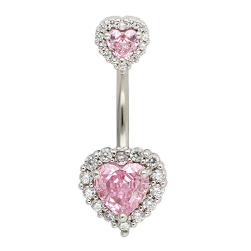Excepro 1PC 14G(1.6mm) Double Heart Diamond Cubic Zirconia Navel Belly Button Ring 316L Surgical Steel Piercing Jewelry